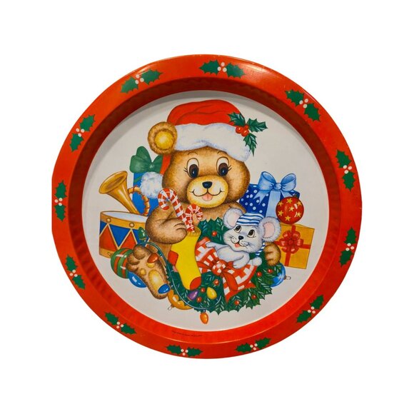 Retro Christmas tin tray set Teddy bear anthropomorphic Holiday serving platter - Picture 3 of 10